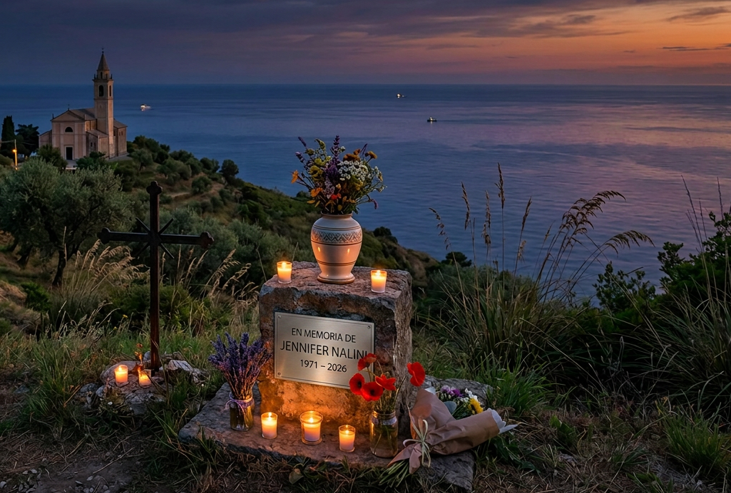 Memorial statue holding flowers beside a cross, candles, and hilltop chapel